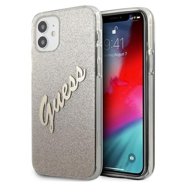 Guess Glitter Gradient Script – dėklas, skirtas iPhone 12 mini (auksinis)