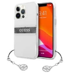 Guess 4G Stripe Grey Charm – dėklas, skirtas iPhone 13 Pro (skaidrus)