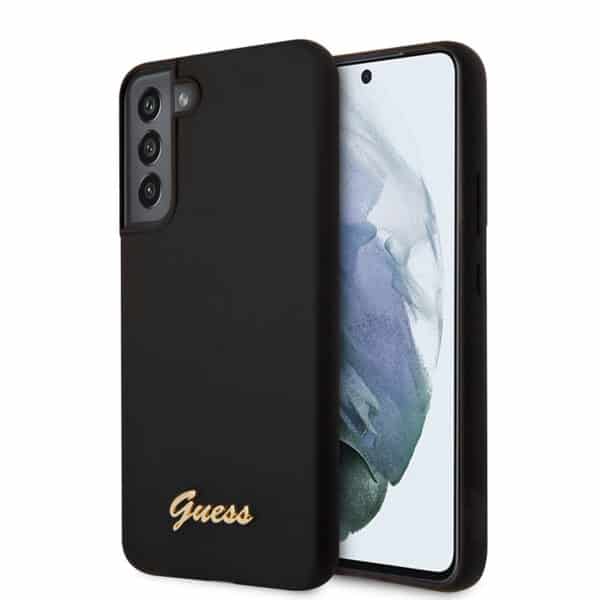 Guess Silicone Script metalinis logotipas – Samsung Galaxy S22 dėklas (juodas)