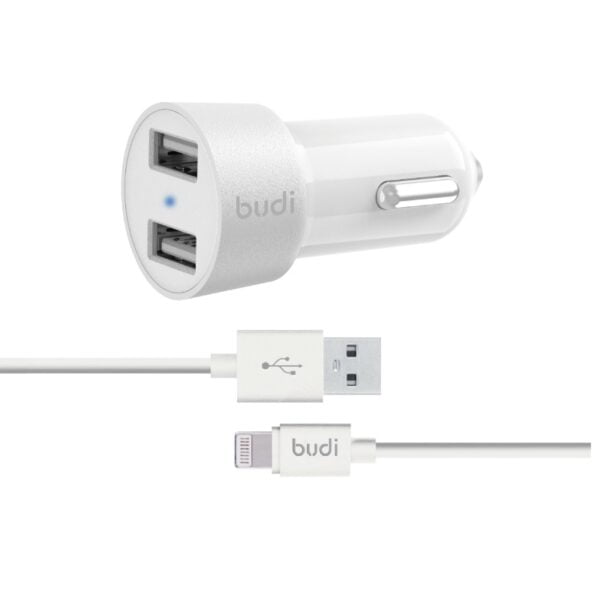 Budi - 2 USB automobilinis įkroviklis su LED indikatoriumi+lightning laidu