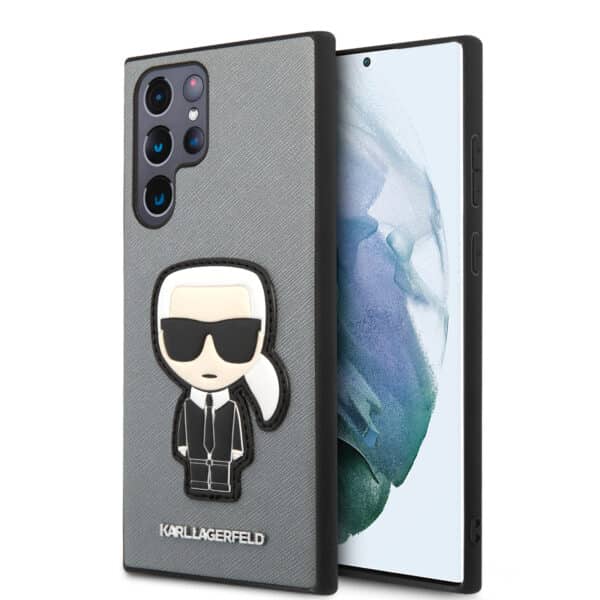 Karl Lagerfeld Saffiano Ikonik Patch – dėklas, skirtas Samsung Galaxy S22 Ultra (sidabras)