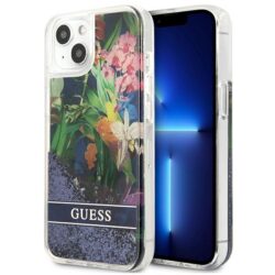Guess Liquid Glitter Flower – dėklas, skirtas iPhone 13 (mėlynas)