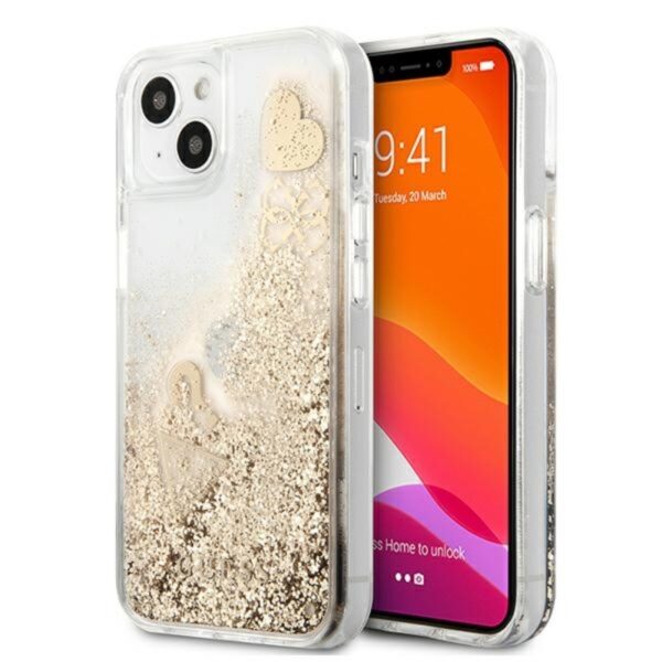 Guess Liquid Glitter Charms – dėklas, skirtas iPhone 13 mini (auksinis)