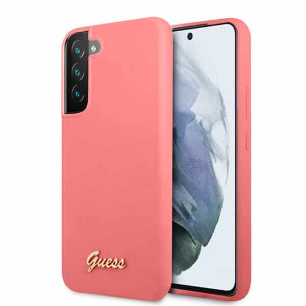 Guess Silicone Script metalinis logotipas – Samsung Galaxy S22 (Fuksijos spalvos) dėklas