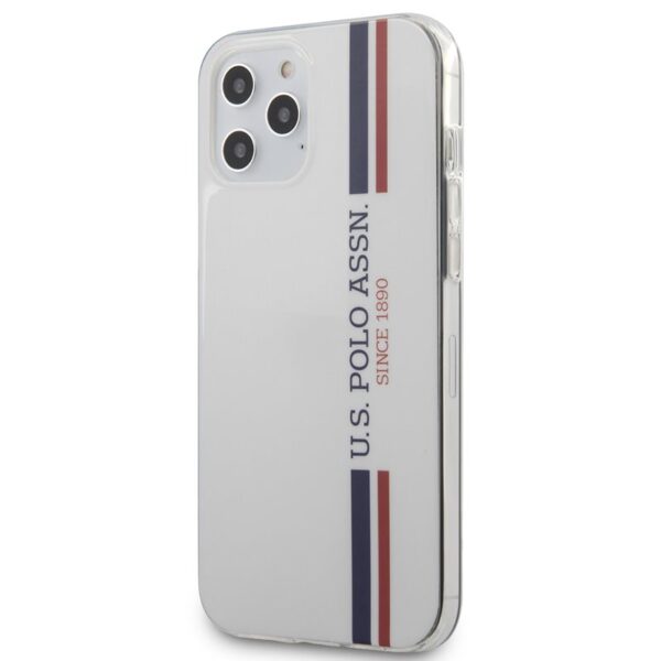 US Polo Assn Shiny Tricolor Stripes – dėklas, skirtas iPhone 12 Pro Max (baltas)