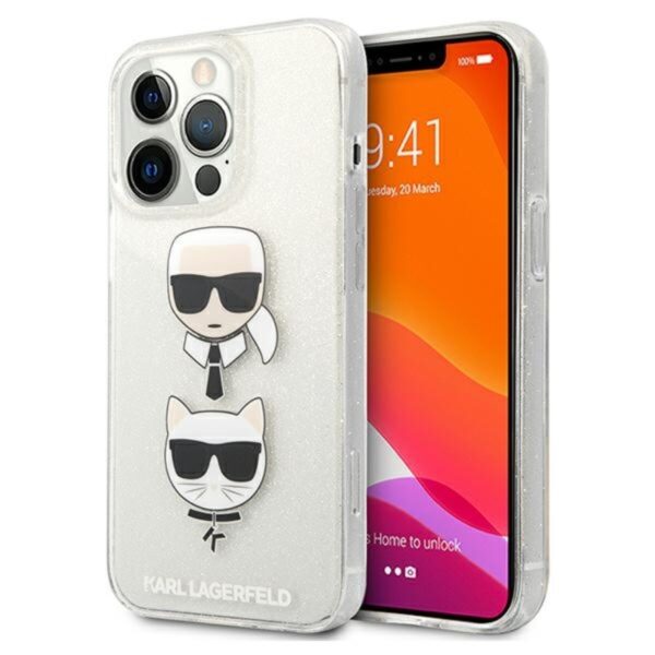 Karl Lagerfeld Glitter Karl & Choupette Head – dėklas, skirtas iPhone 13 Pro Max (sidabras)