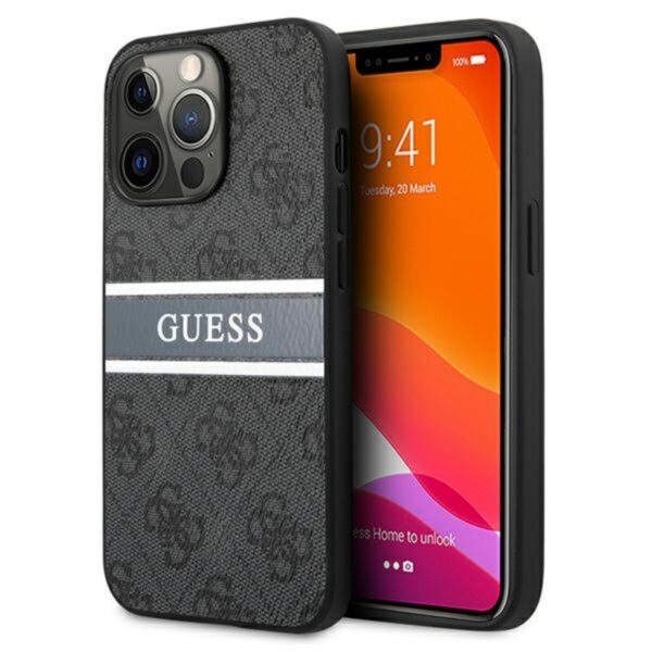 CDA27D23-3754-EC11-91AD-2CEA7FB072AA.jpg Guess 4G Printed Stripe – dėklas, skirtas iPhone 13 Pro Max (pilkas)
