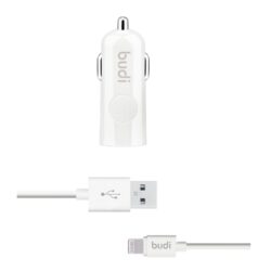 Budi - 1 USB automobilinis įkroviklis su LED indikatoriumi+lightning laidu