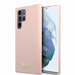 Guess Silicone Script metalinis logotipas – dėklas, skirtas Samsung Galaxy S22 Ultra (rožinis)