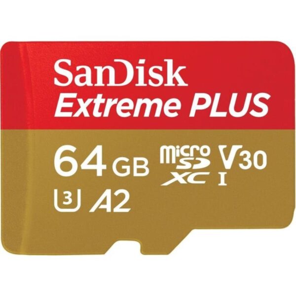 SanDisk Extreme PLUS microSDXC – 64 GB A2 V30 Class 10 UHS-I U3 160/90 MB/s atminties kortelė su adapteriu