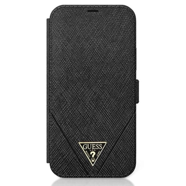 Guess Booktype Saffiano V – dėklas, skirtas iPhone 12 / iPhone 12 Pro (juodas)