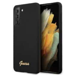 Guess Silicone Script metalinis logotipas – dėklas, skirtas Samsung Galaxy S21 (juodas)
