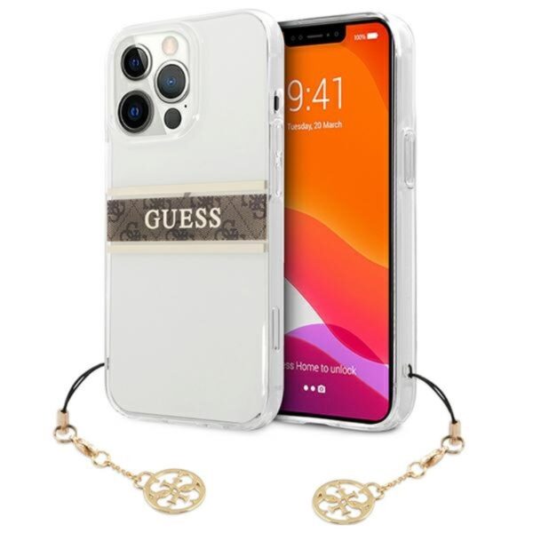 Guess 4G Stripe Brown Charm – dėklas, skirtas iPhone 13 Pro (skaidrus)