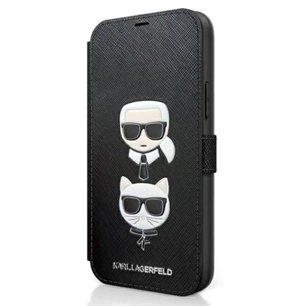 Karl Lagerfeld Booktype Saffiano Karl & Choupette Heads – dėklas, skirtas iPhone 12 mini (juodas)