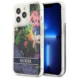 Guess Liquid Glitter Flower – dėklas, skirtas iPhone 13 Pro Max (mėlynas)