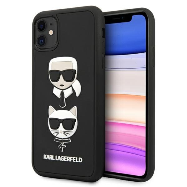 Karl Lagerfeld 3D guminės Karl & Choupette galvutės – dėklas, skirtas iPhone 11 (juodas)