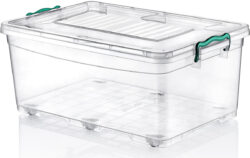 50l talpos plastikinė daiktadėžė ant ratukų ir su dangteliu, skaidri