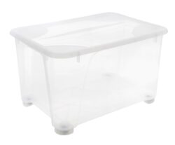 Plastikinė daiktadėžė 140l giga rollers su dangteliu ir ant ratukų, skaidri