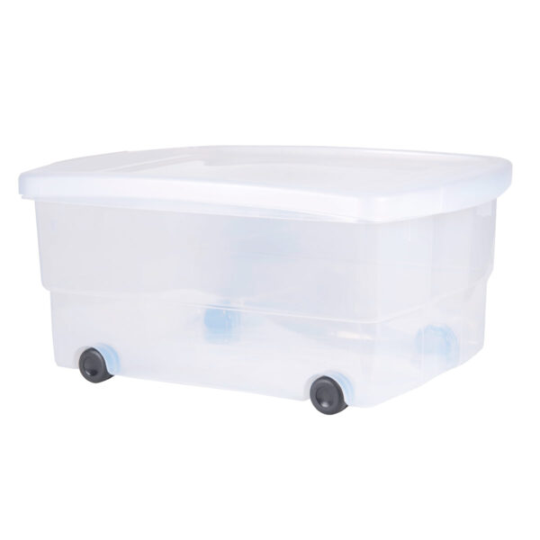 Plastikinė daiktadėžė 80l clip box su dangteliu ir ant ratukų, skaidri