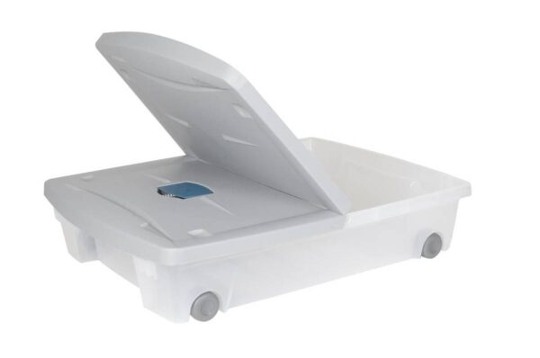 Plastikinė daiktadėžė 50l su ratukais ir dangteliu, šviesiai pilka