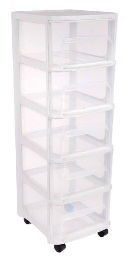 Modulinė spintelė ant ratukų su 5 stalčiais, balta