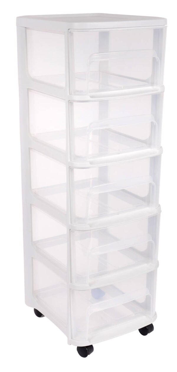 Modulinė spintelė ant ratukų su 5 stalčiais, balta