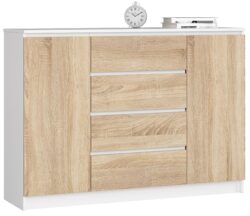Komoda NORE K140 su 4-iais stalčiais, baltos/ąžuolo spalvos