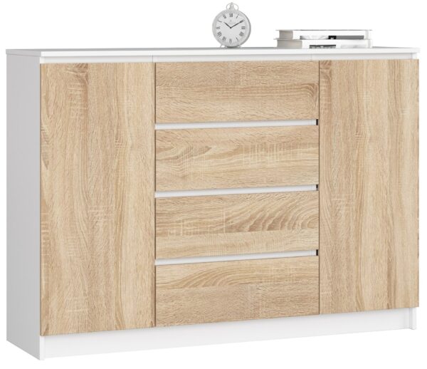 Komoda NORE K140 su 4-iais stalčiais, baltos/ąžuolo spalvos