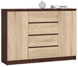 Komoda NORE K140 su 4-iais stalčiais, tamsiai rudos/ąžuolo spalvos