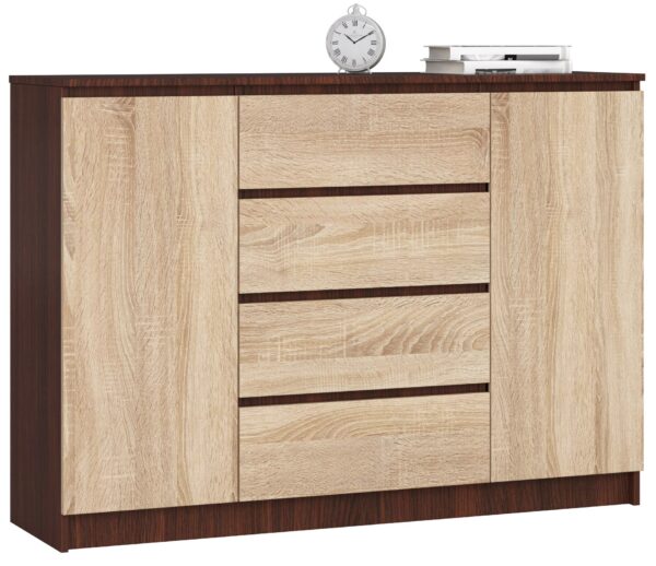 Komoda NORE K140 su 4-iais stalčiais, tamsiai rudos/ąžuolo spalvos