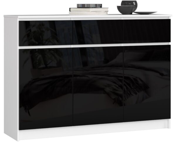 Komoda K140 su 3-imis stalčiais, blizgios baltos/juodos spalvos