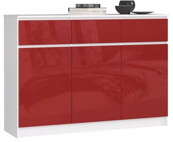 Komoda K140 su 3-imis stalčiais, blizgios baltos/raudonos spalvos
