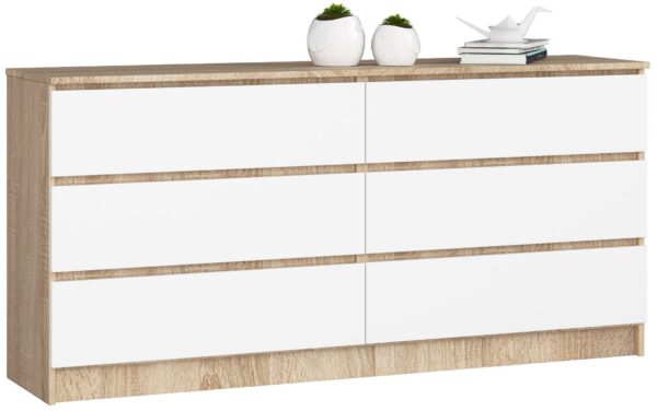 komoda-k-160cm-6-szuflad-sonoma-biala.jpg Komoda NORE K160 su 6-iais stalčiais, ąžuolo/baltos spalvos