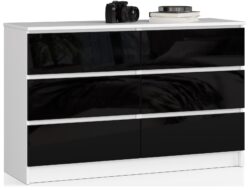 Komoda NORE K120 su 6-iais stalčiais, blizgios juodos spalvos