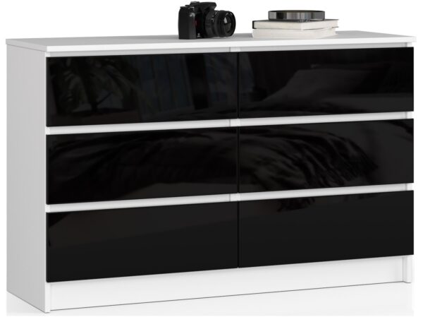 Komoda NORE K120 su 6-iais stalčiais, blizgios juodos spalvos