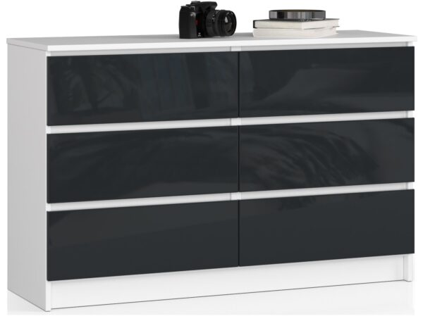 Komoda NORE K120 su 6-iais stalčiais, baltos/tamsiai pilkos spalvos