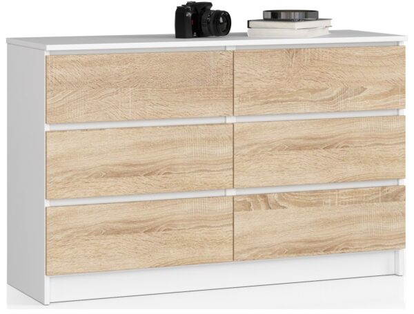 Komoda NORE K120 su 6-iais stalčiais, ąžuolo/baltos spalvos