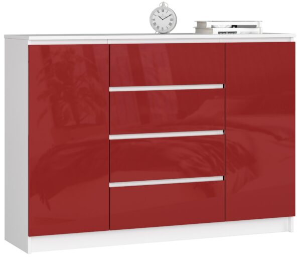 Komoda NORE K140 su 4-iais stalčiais, baltos/raudonos spalvos