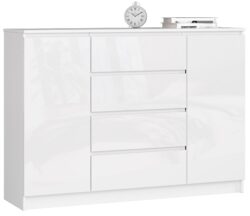 Komoda NORE K140 su 4-iais stalčiais, blizgios baltos spalvos