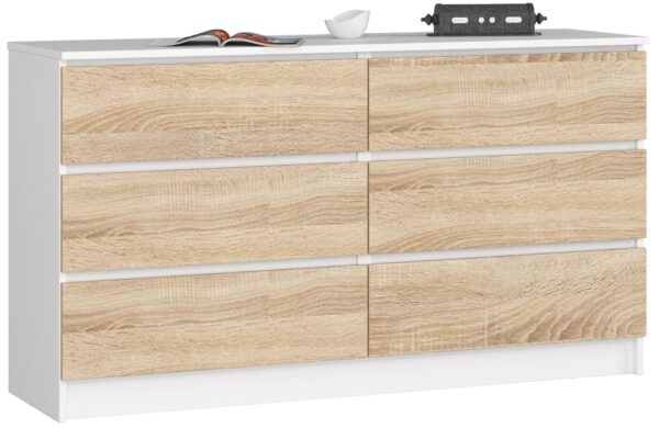 Komoda NORE K140 su 6-iais stalčiais, baltos/ąžuolo spalvos