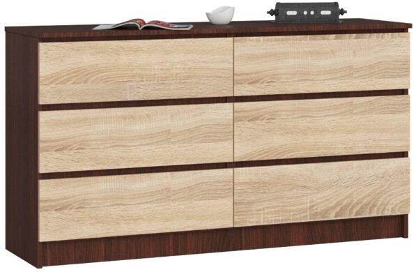 Komoda NORE K140 su 6-iais stalčiais, tamsiai rudos/ąžuolo spalvos