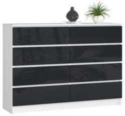 Komoda NORE K140 su 8-iais stalčiais, baltos/tamsiai pilkos spalvos