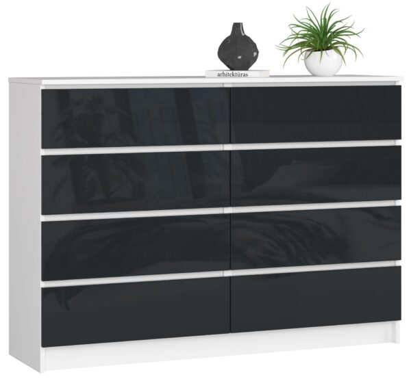 Komoda NORE K140 su 8-iais stalčiais, baltos/tamsiai pilkos spalvos