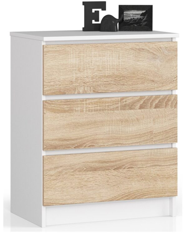 Komoda NORE K60 su 3-imis stalčiais, ąžuolo/baltos spalvos