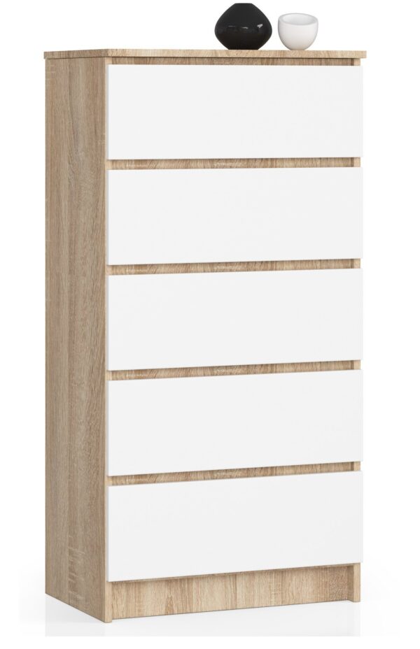 Komoda NORE K60 su 5-iais stalčiais, ąžuolo/baltos spalvos