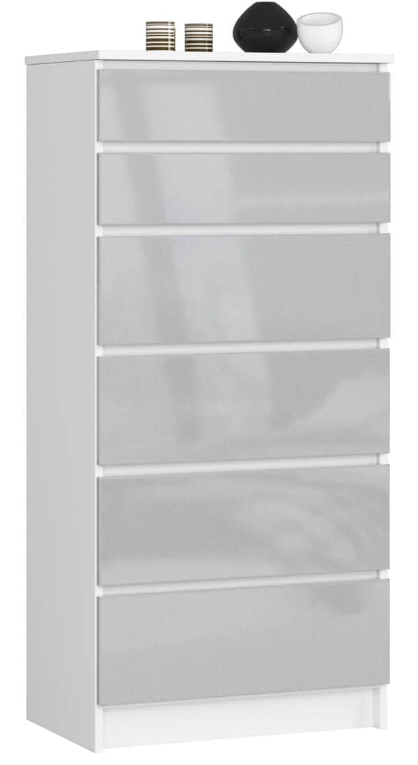 Komoda NORE K60 su 6-iais stalčiais, baltos/šviesiai pilkos spalvos