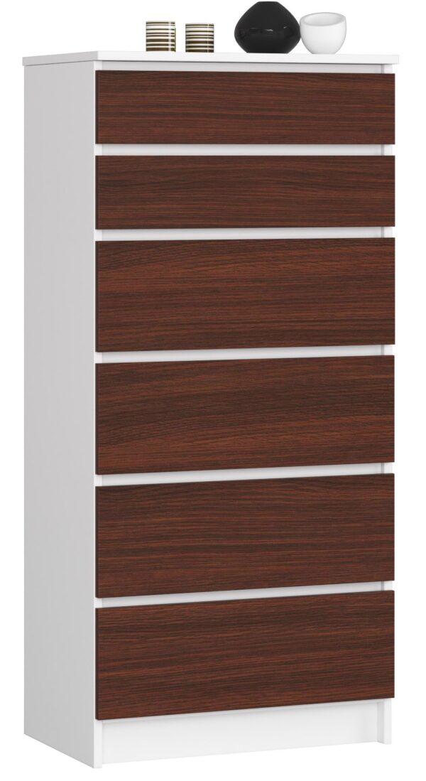 Komoda NORE K60 su 6-iais stalčiais, tamsiai rudos/baltos spalvos