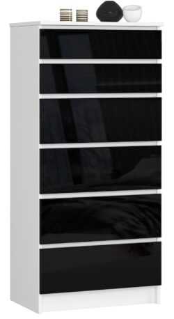 Komoda NORE K60 su 6-iais stalčiais, baltos/juodos spalvos