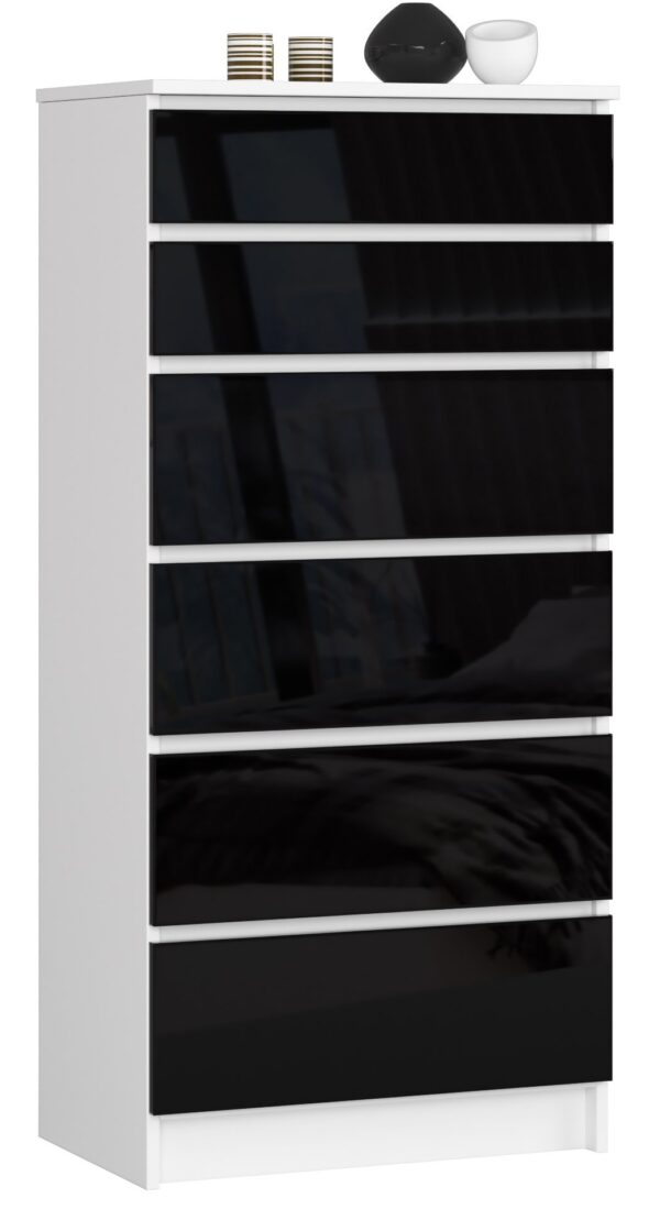 Komoda NORE K60 su 6-iais stalčiais, baltos/juodos spalvos