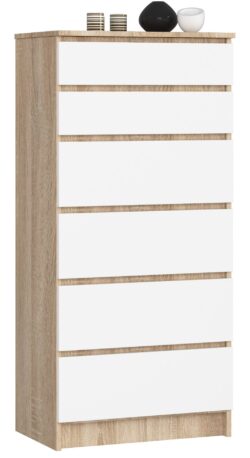 Komoda NORE K60 su 6-iais stalčiais, ąžuolo/baltos spalvos